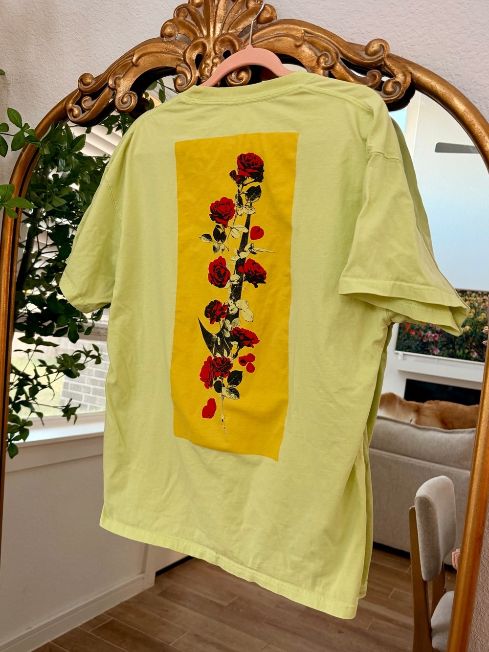 Nike Light Green Short Sleeve Tee with Yellow Panel & Red Rose Print